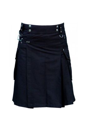 Active Men Black Cotton Tactical Kilt With Side Cargo Pockets