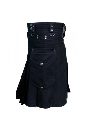 Active Men Black Cotton Tactical Kilt With Side Cargo Pockets