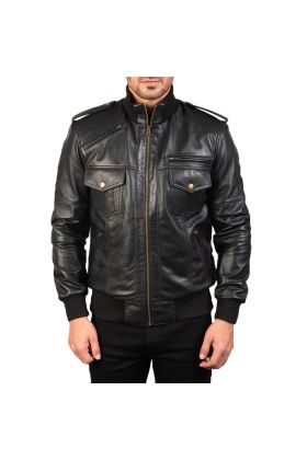 Agent Shadow Black Leather Bomber Jacket