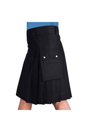 Cotton Jeans Utility Kilt for Men with Cargo Pockets-Black Cotton Kilt for Men