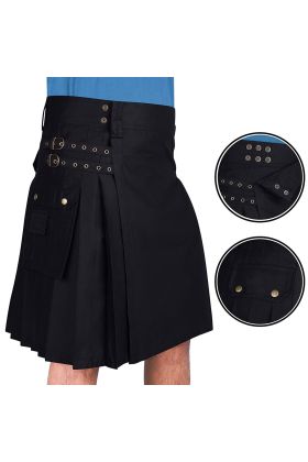 Cotton Jeans Utility Kilt for Men with Cargo Pockets-Black Cotton Kilt for Men