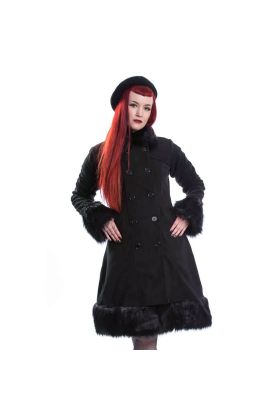 Gothic Winter coat HARRIET COAT LADIES BLACK Winter coat with fake fur collar cuffs and hem