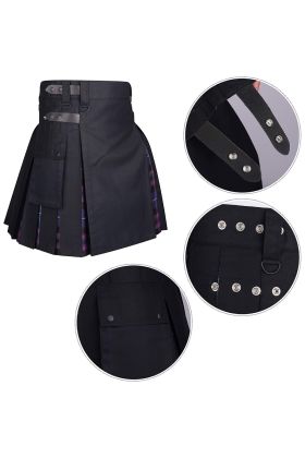 Men's Hybrid Black Cotton & Purple Tartan Utility Kilts with Leather Straps-Plus Size Kilts for Men