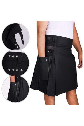 Men's Hybrid Black Cotton & Tartan Utility Kilts with Leather Straps-Plus Size Kilts for Men