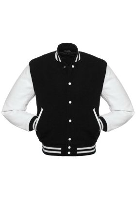Men’s Black And White Leather Sleeves Letterman College Varsity Jacket