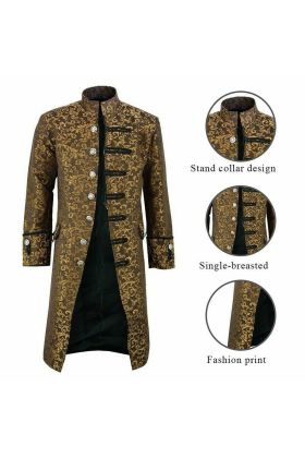 Renaissance Men's Gold Brocade Goth Steampunk Victorian Velvet Frock Coat