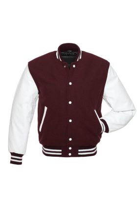 Maroon And White Leather Sleeves Letterman College Varsity Jacket
