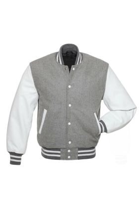 Grey And White Leather Sleeves Letterman College Varsity Jacket