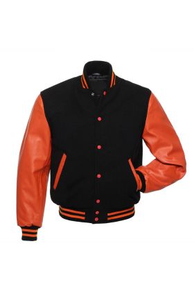 Black And Orange Leather Sleeves Letterman College Varsity Jacket