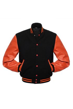 Black And Orange Leather Sleeves Letterman College Varsity Jacket