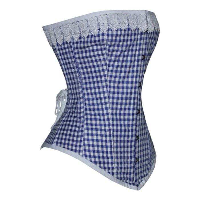 Custom Blue Gingham Double Boned cotton Overbust Corset Orekyo