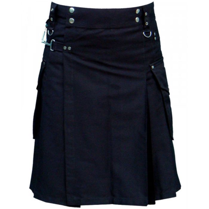 Active Men Black Cotton Tactical Kilt With Side Cargo Pockets