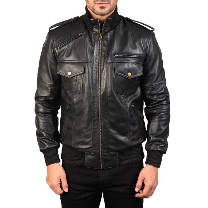 Agent Shadow Black Leather Bomber Jacket