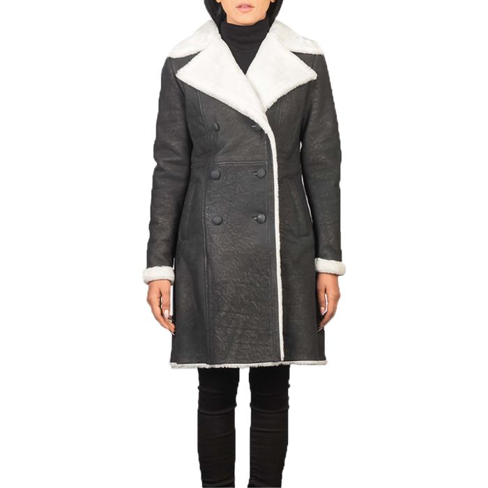 Amie Black Women Double Breasted Shearling Coat