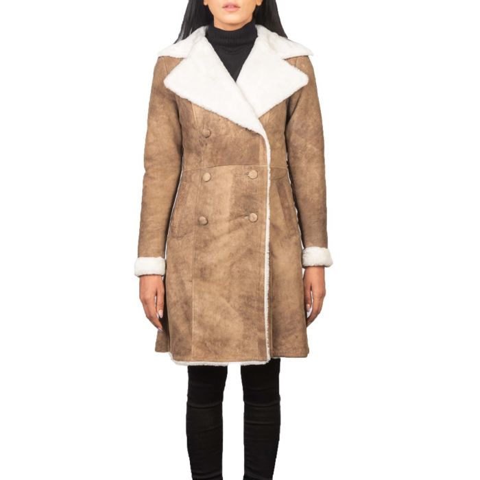 Amie Women Distressed Brown Double Breasted Shearling Coat