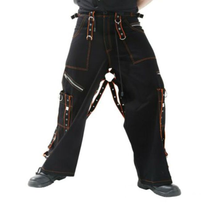 Orekyo Men Black Trouser Orange Braces Buckle Punk T Cross Chain Emo Zip 