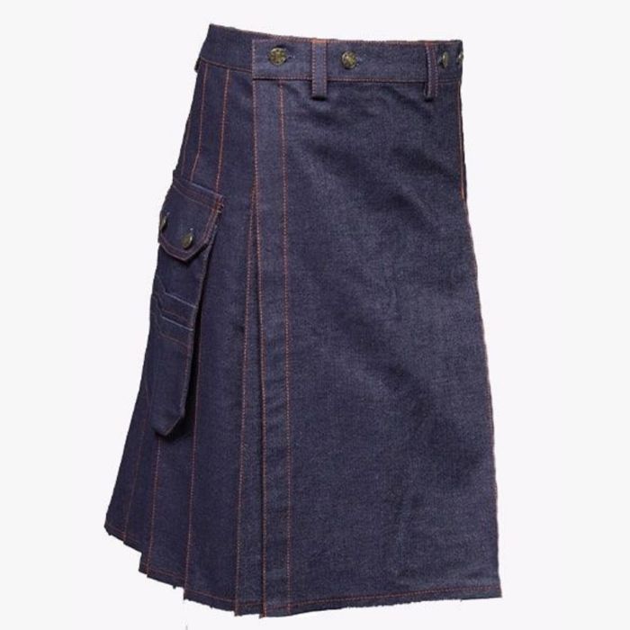 BLUE DENIM KILT WITH RED THREAD