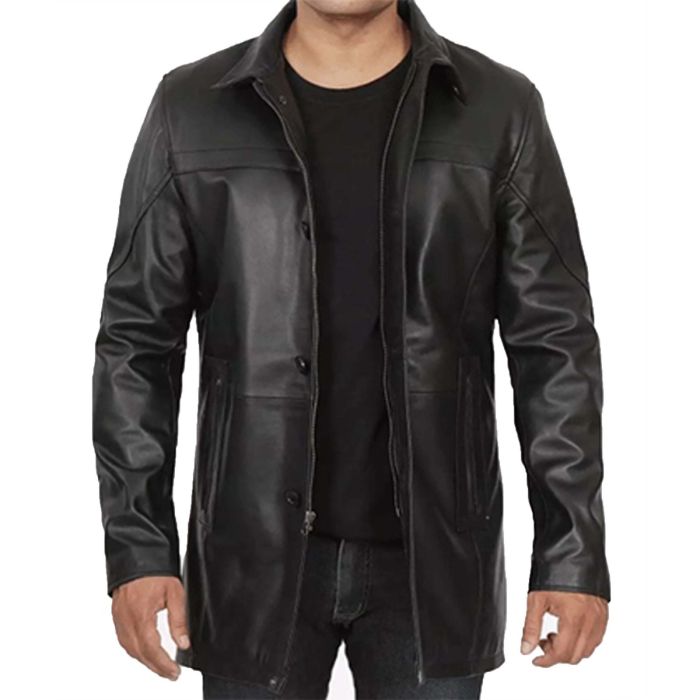 Bristol Mens Black Leather Car Coat - 34 Length Coat