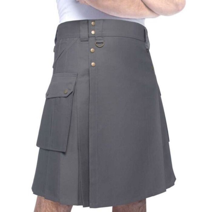 Cotton Jeans Utility Kilt for Men with Cargo Pockets-Grey Cotton Kilt for Men