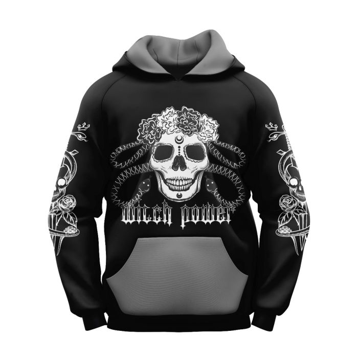 Sublimated Black Floral Snake Skull Gothic Hoodie