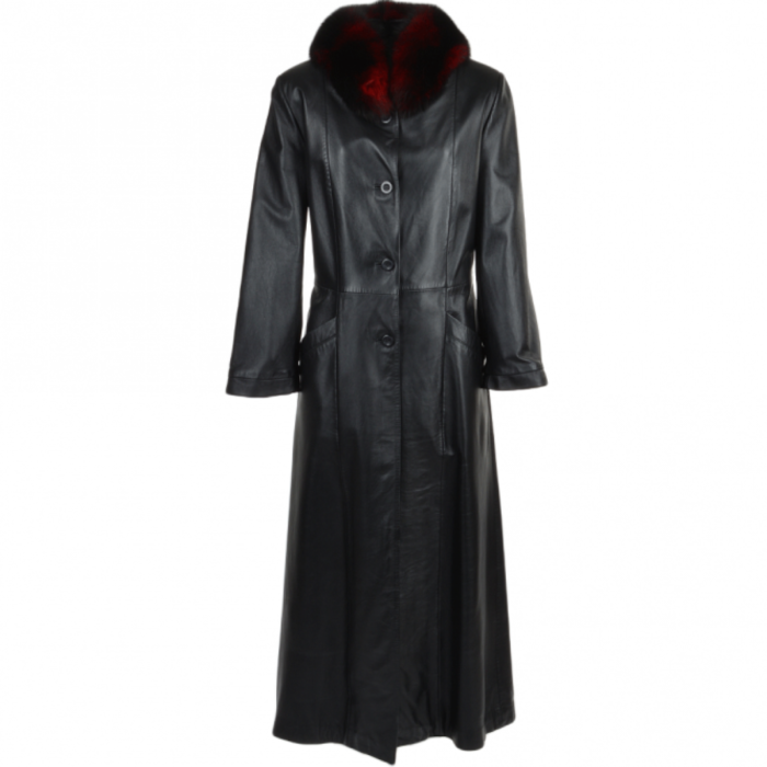 Long Length Trench Coat Fox Trim Black  Collen