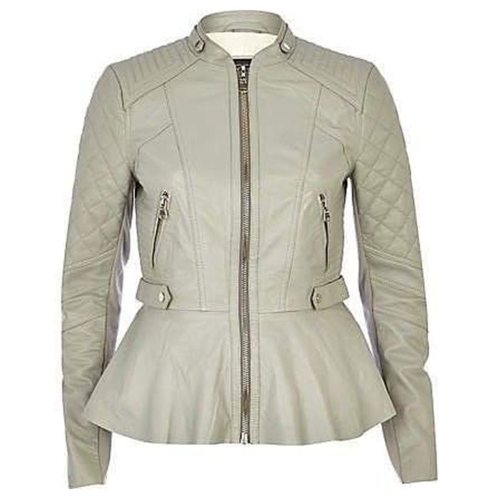 Orekyo Grey Peplum Real Leather Jacket
