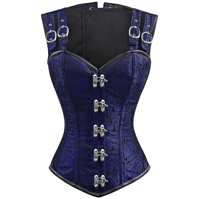 Heavy Duty Steel Boned Over Bust Waist Training Brocade Hourglass Blue Corset Orekyo