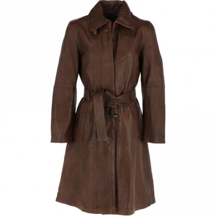 Single Breasted Calf Length Belted Leather Coat MidBrown  Audrey