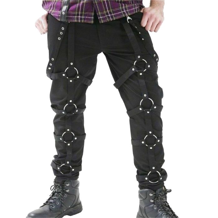Orekyo Men's Dead thread for Men Pants Black Punk Goth Round Circle in trousers,Men's Gothic pants