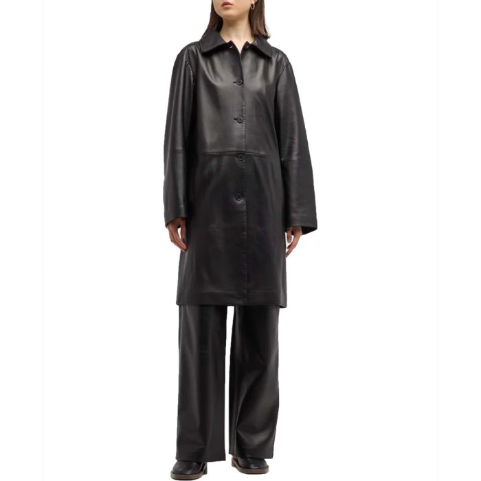 Uvon Long Leather Button-Front Overcoat