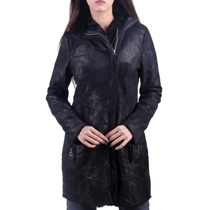 Women long leather hoodie coat