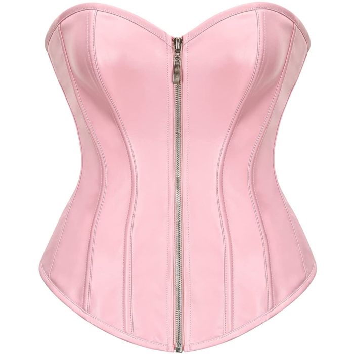 Women Faux Leather Zipper Front Bustier Pink Corset Top Orekyo